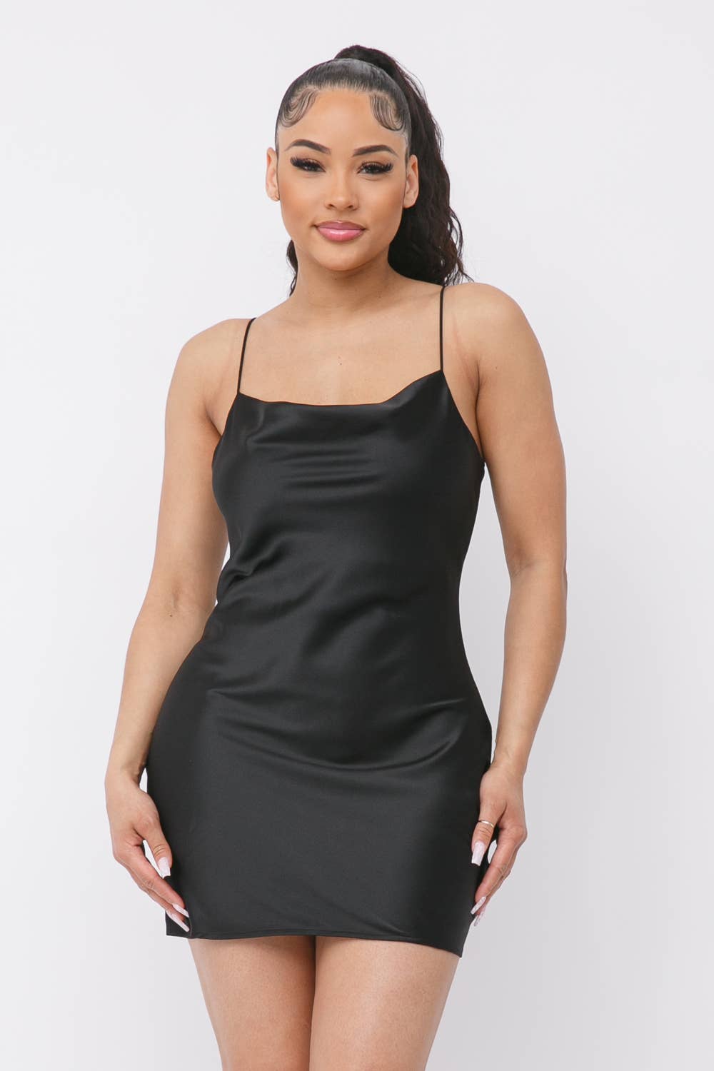 Satin Solid Cowl Neck Spaghetti Strap Bodycon Mini Dress