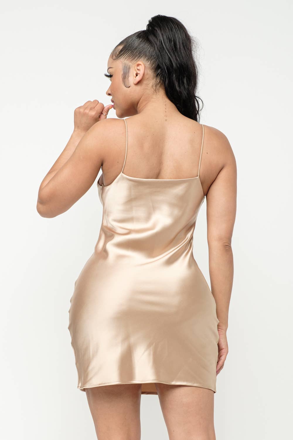 Satin Solid Cowl Neck Spaghetti Strap Bodycon Mini Dress