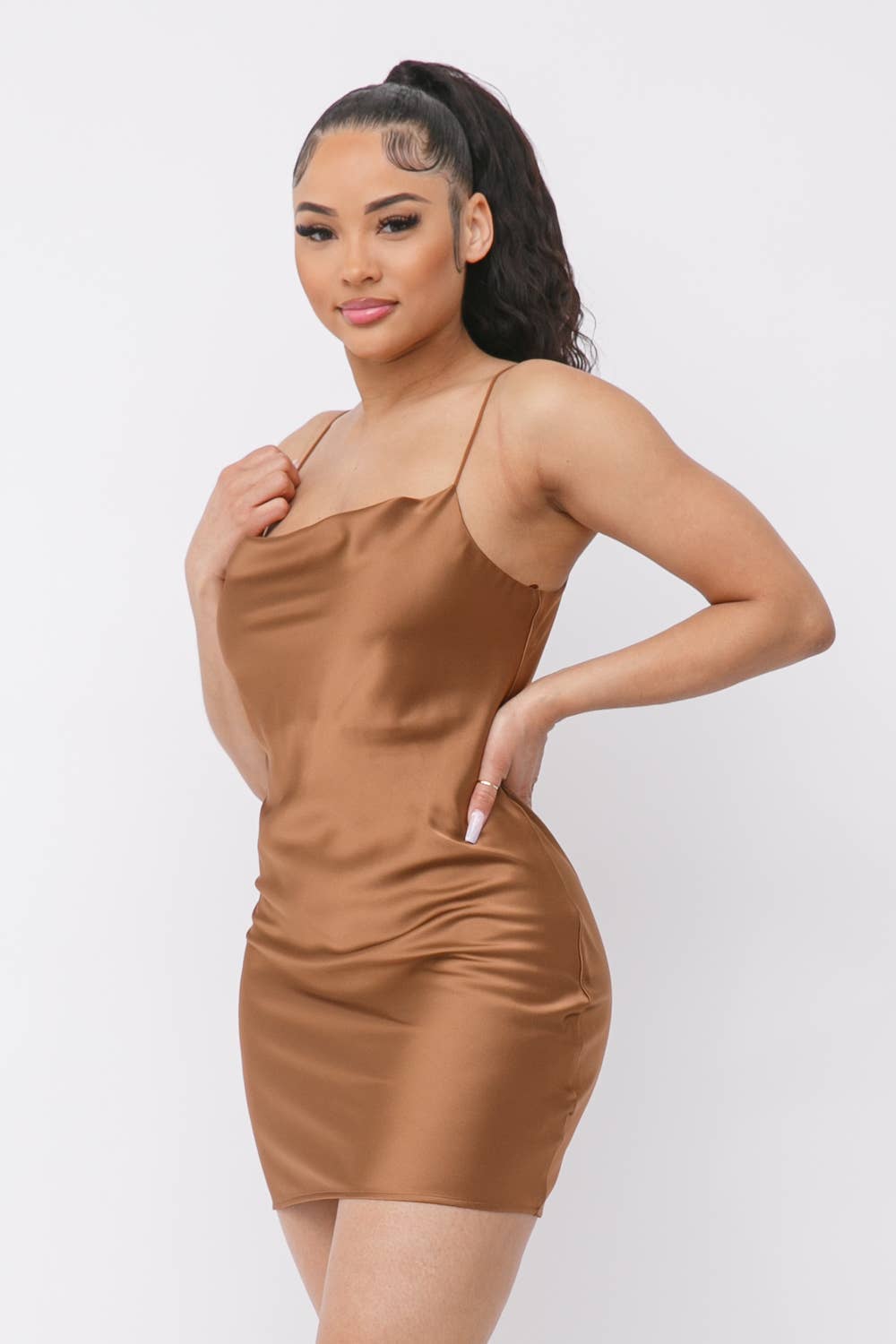 Satin Solid Cowl Neck Spaghetti Strap Bodycon Mini Dress