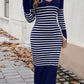 Devine Striped V-Neck Long Sleeve Sweater Dress
