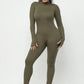 Front Zipper Mock Neck Open Thumb Long Sleeve Jumpsuit