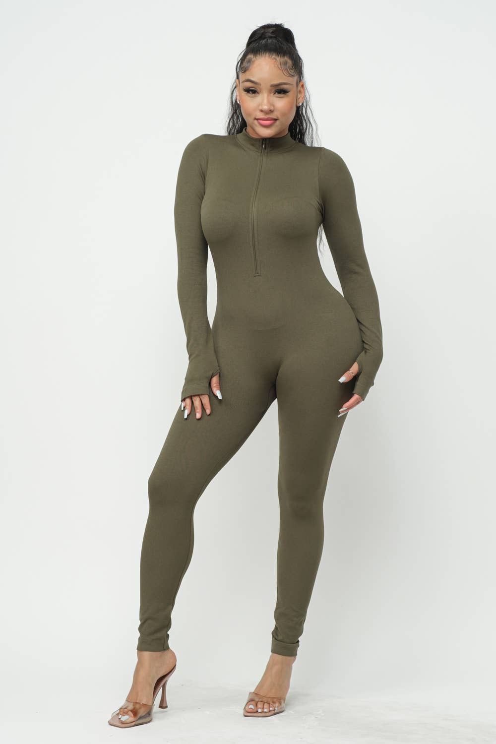Front Zipper Mock Neck Open Thumb Long Sleeve Jumpsuit