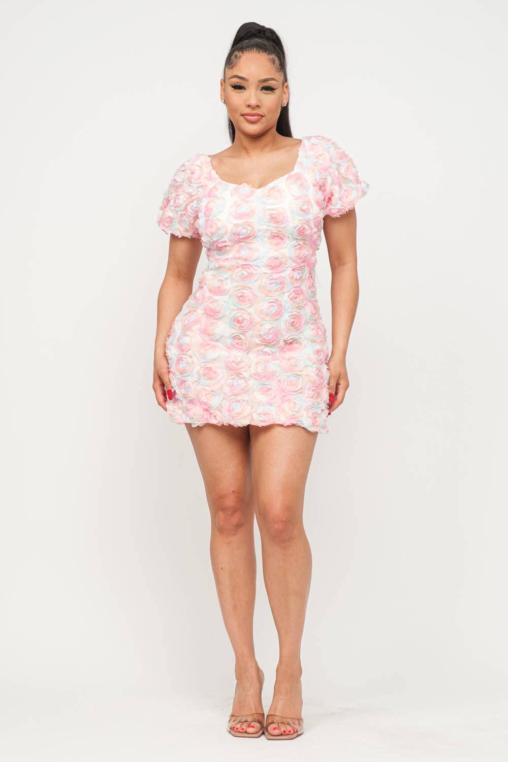Mesh Inside Lining Flower Detail Mini Dress