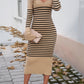 Devine Striped V-Neck Long Sleeve Sweater Dress