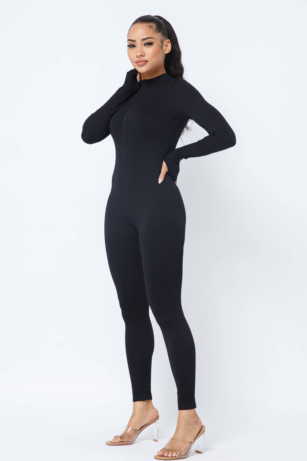 Front Zipper Mock Neck Open Thumb Long Sleeve Jumpsuit