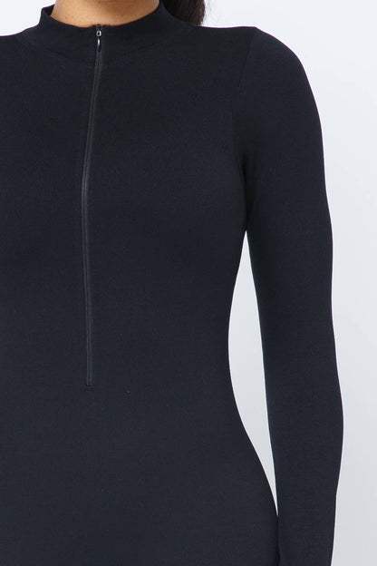Front Zipper Mock Neck Open Thumb Long Sleeve Jumpsuit