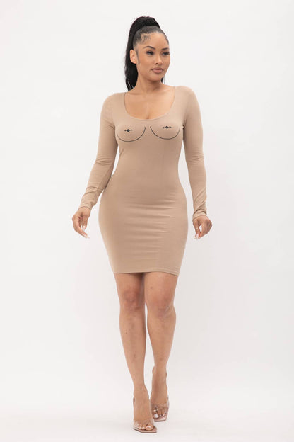 Screen Print Long Sleeve Bodycon Dress