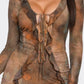 Tie Dye Open Front Spaghetti Tie Ruffle Trim Dress