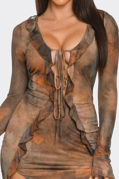 Tie Dye Open Front Spaghetti Tie Ruffle Trim Dress