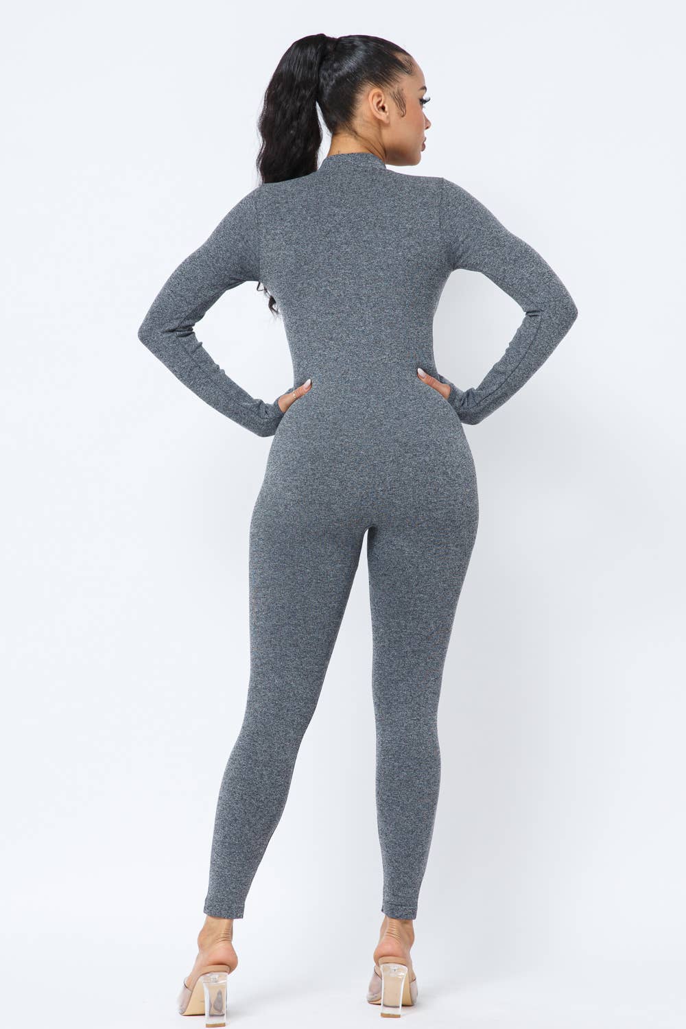 Front Zipper Mock Neck Open Thumb Long Sleeve Jumpsuit