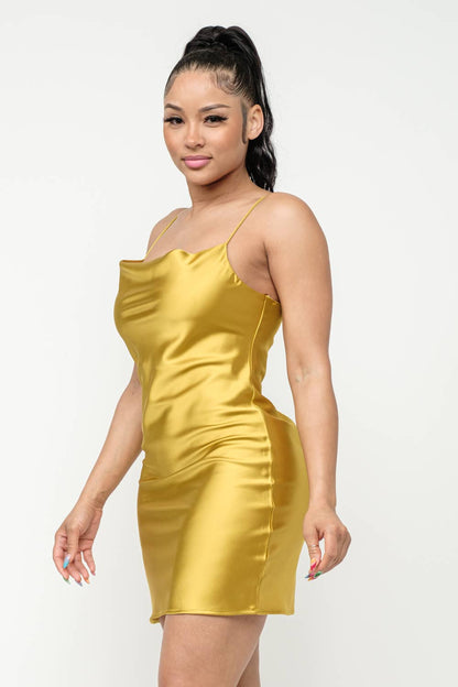 Satin Solid Cowl Neck Spaghetti Strap Bodycon Mini Dress