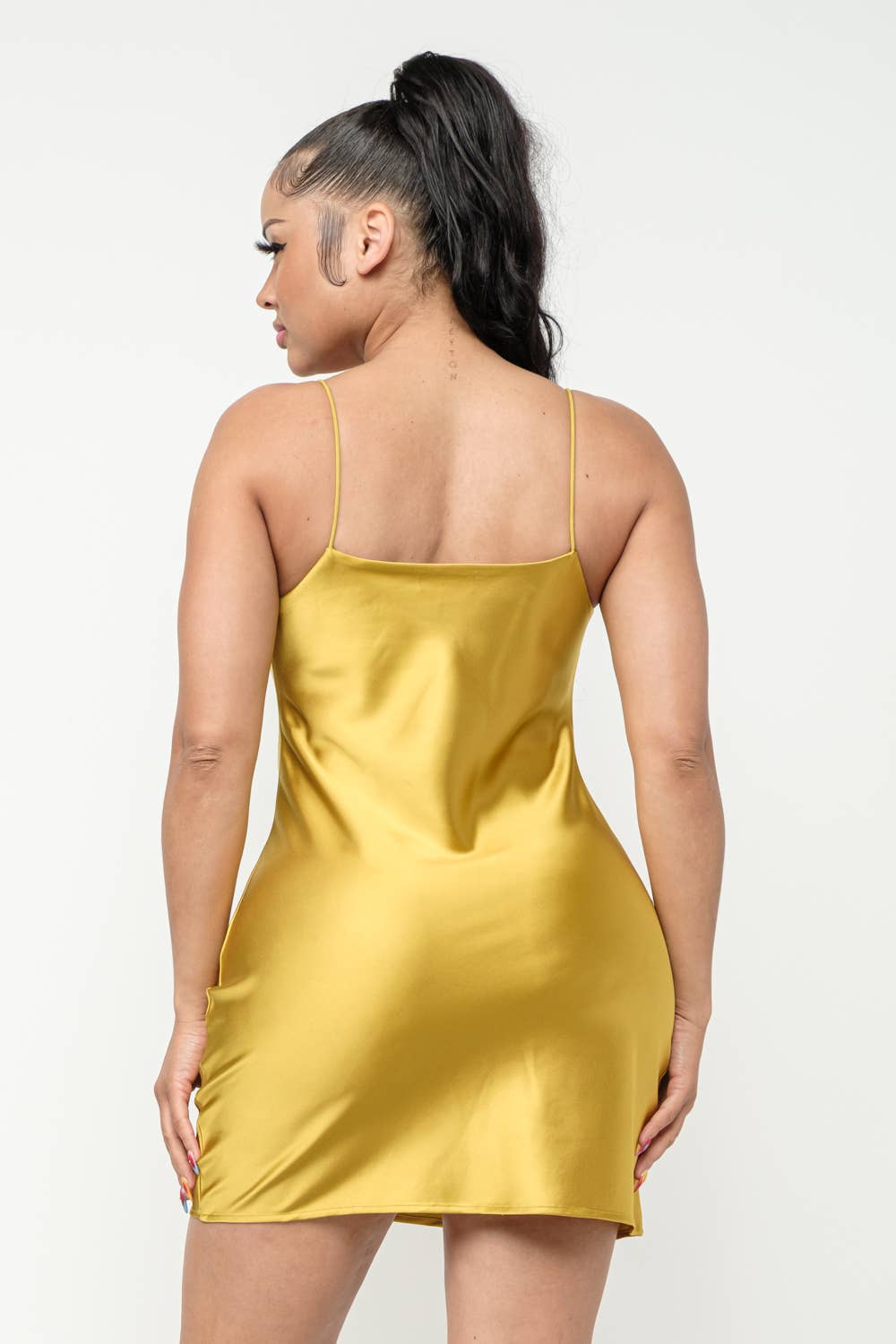 Satin Solid Cowl Neck Spaghetti Strap Bodycon Mini Dress