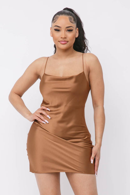 Satin Solid Cowl Neck Spaghetti Strap Bodycon Mini Dress