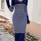 Devine Striped V-Neck Long Sleeve Sweater Dress