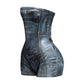 Foiled tube romper with denim bodyprint