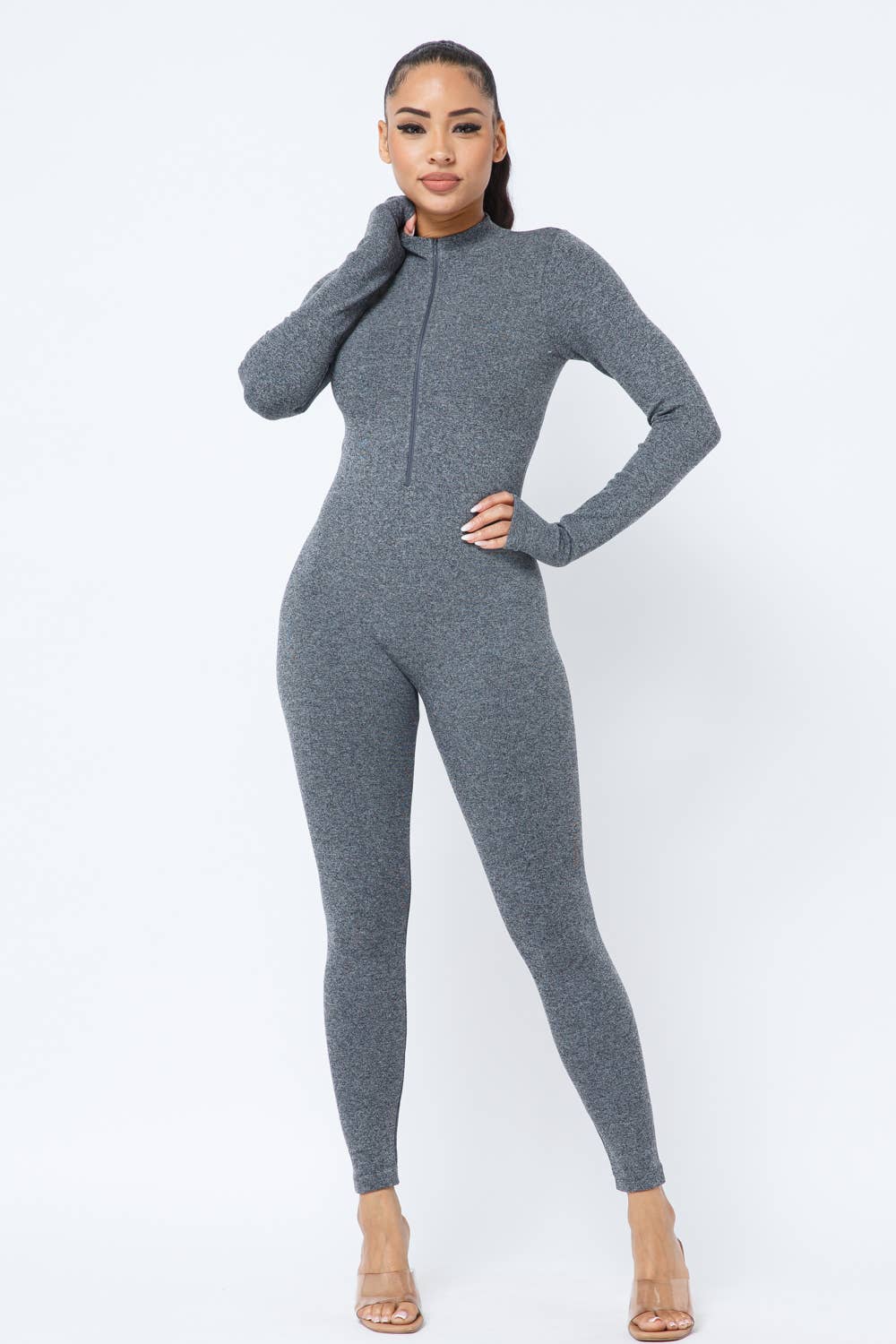 Front Zipper Mock Neck Open Thumb Long Sleeve Jumpsuit