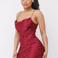 Satin Solid Cowl Neck Spaghetti Strap Bodycon Mini Dress
