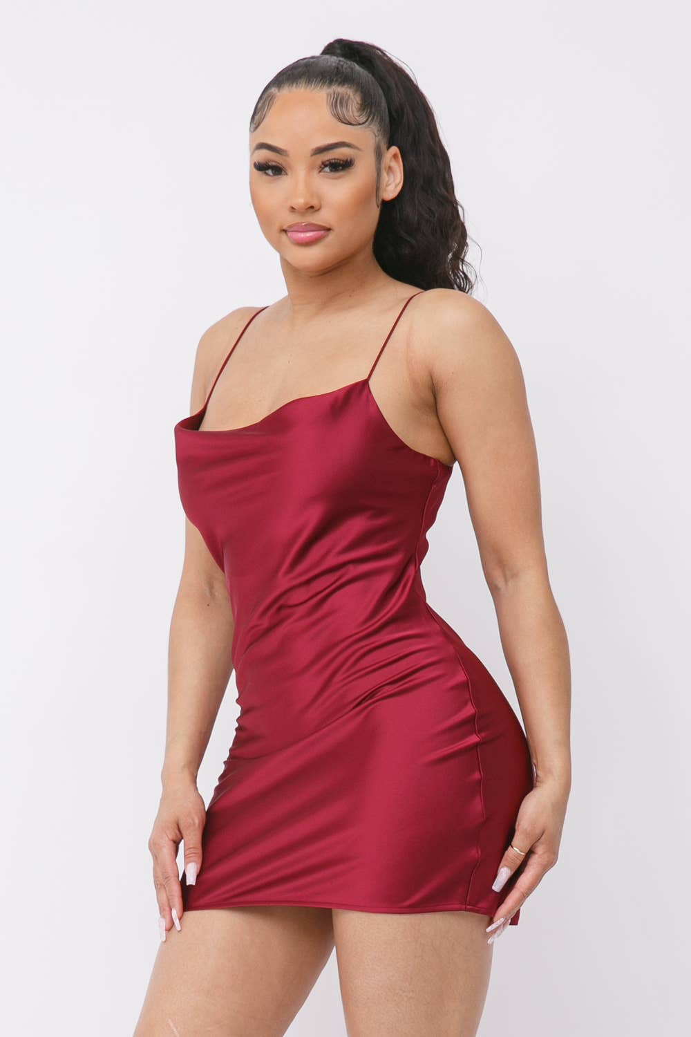 Satin Solid Cowl Neck Spaghetti Strap Bodycon Mini Dress