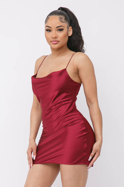 Satin Solid Cowl Neck Spaghetti Strap Bodycon Mini Dress