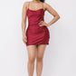 Satin Solid Cowl Neck Spaghetti Strap Bodycon Mini Dress