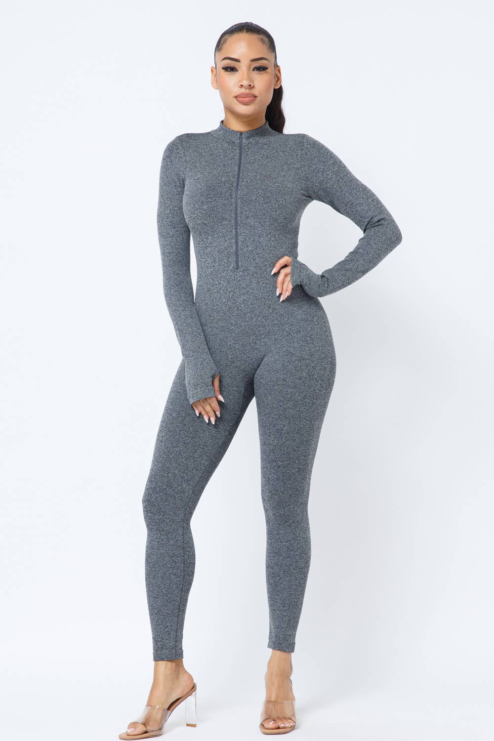 Front Zipper Mock Neck Open Thumb Long Sleeve Jumpsuit