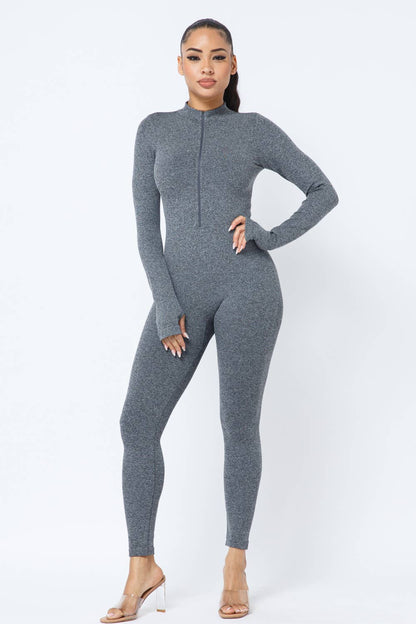 Front Zipper Mock Neck Open Thumb Long Sleeve Jumpsuit