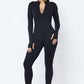 Front Zipper Mock Neck Open Thumb Long Sleeve Jumpsuit