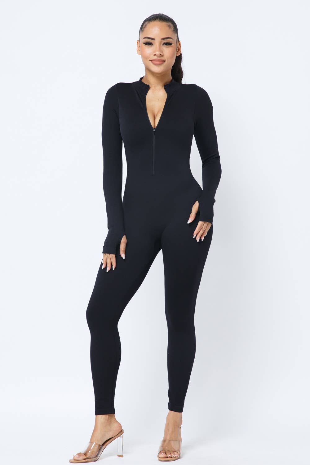 Front Zipper Mock Neck Open Thumb Long Sleeve Jumpsuit