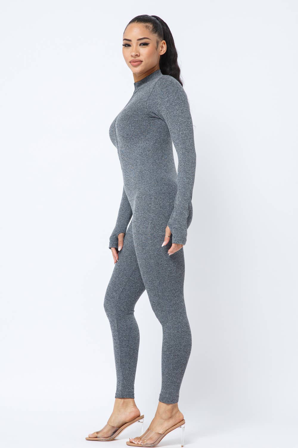 Front Zipper Mock Neck Open Thumb Long Sleeve Jumpsuit