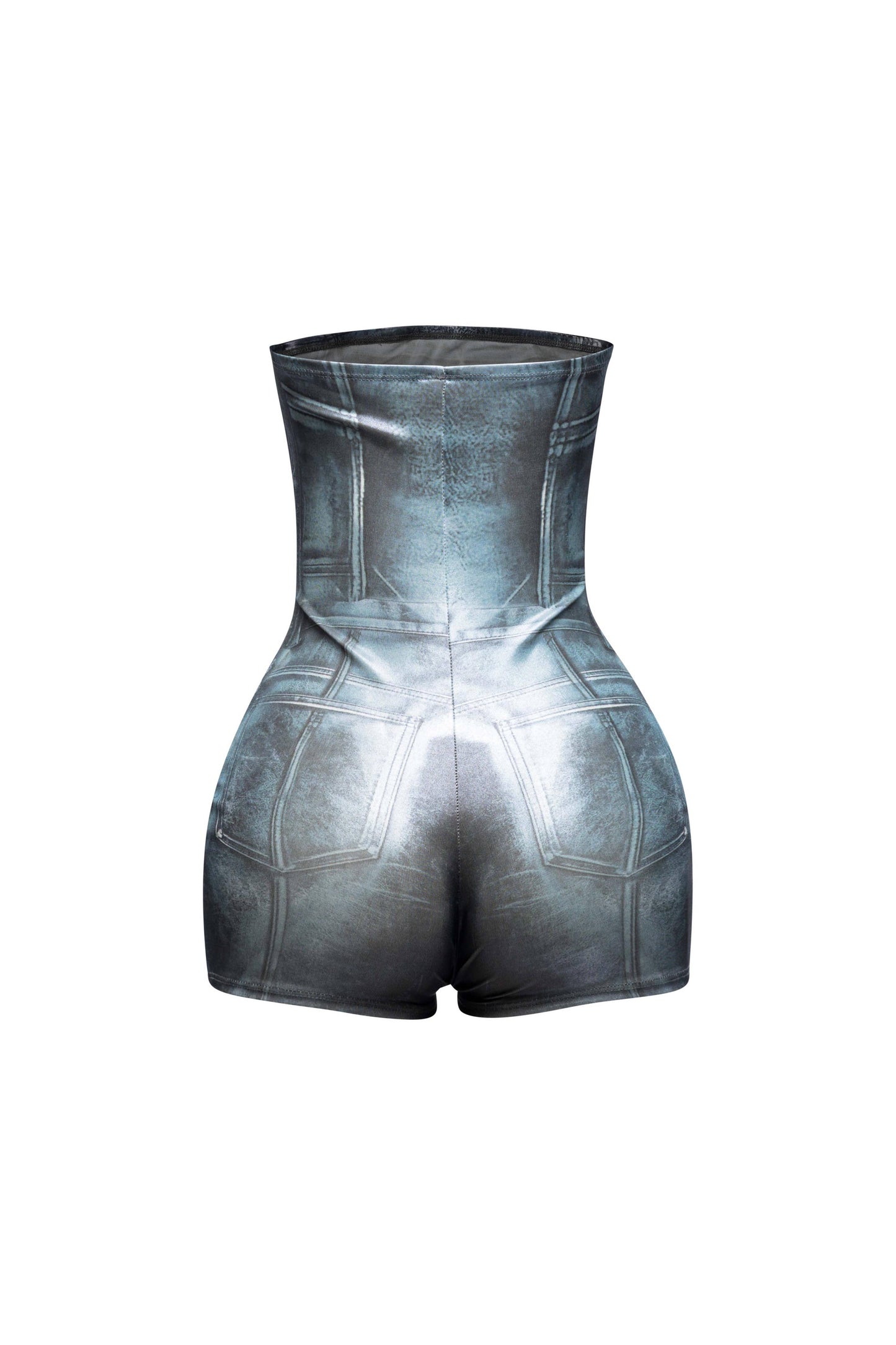 Foiled tube romper with denim bodyprint