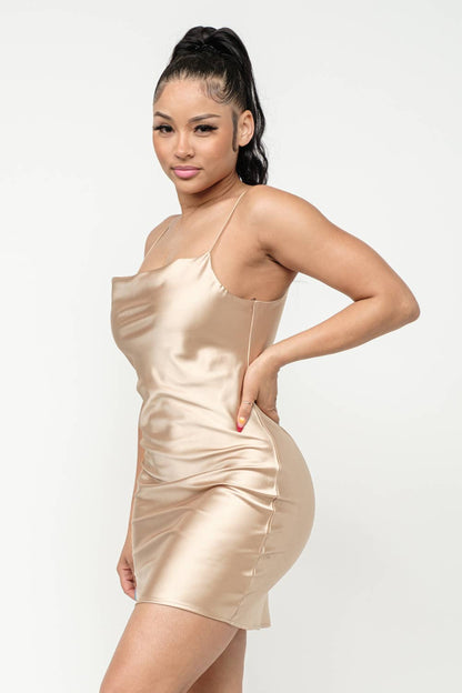 Satin Solid Cowl Neck Spaghetti Strap Bodycon Mini Dress