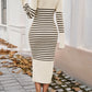 Devine Striped V-Neck Long Sleeve Sweater Dress