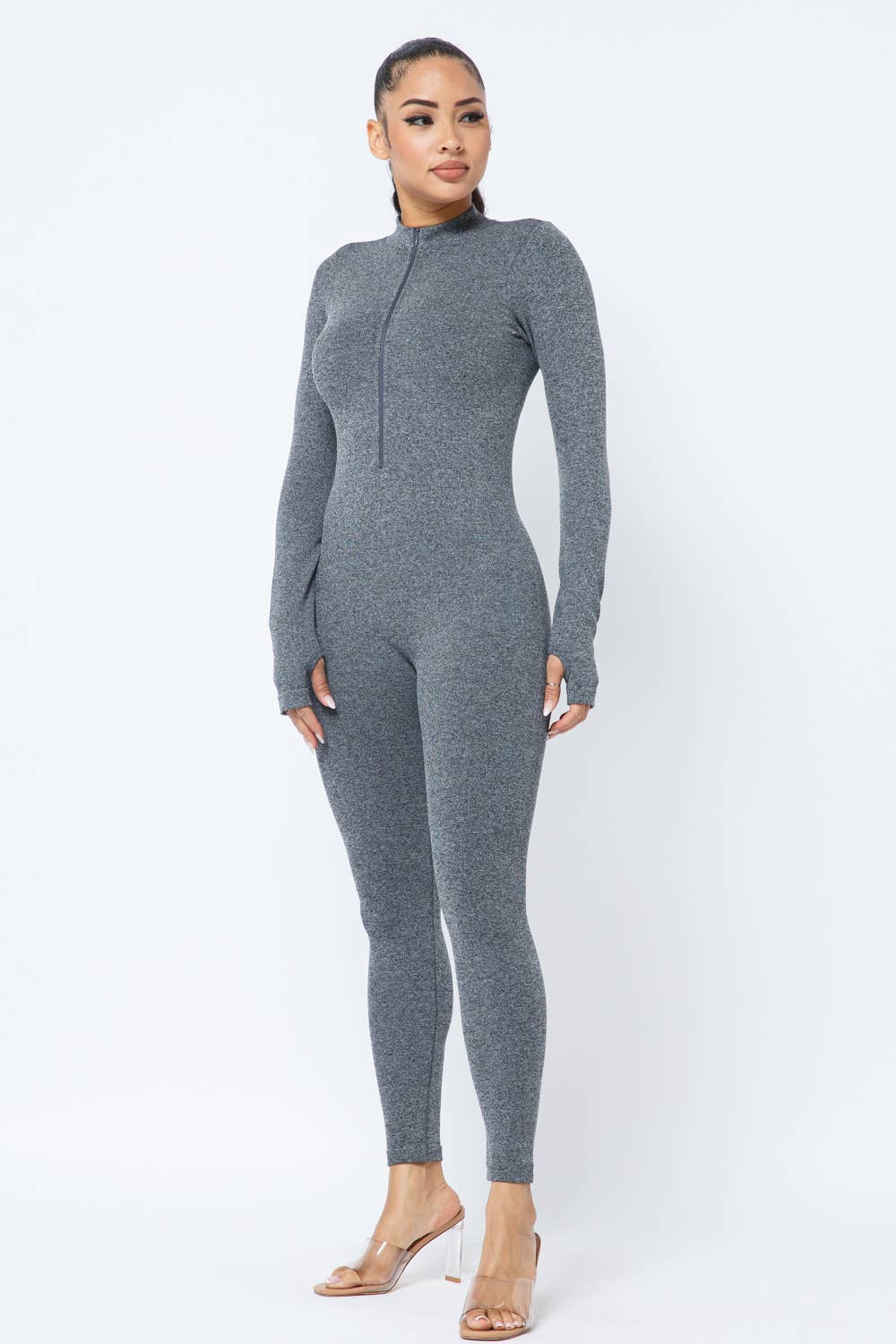 Front Zipper Mock Neck Open Thumb Long Sleeve Jumpsuit