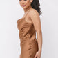 Satin Solid Cowl Neck Spaghetti Strap Bodycon Mini Dress