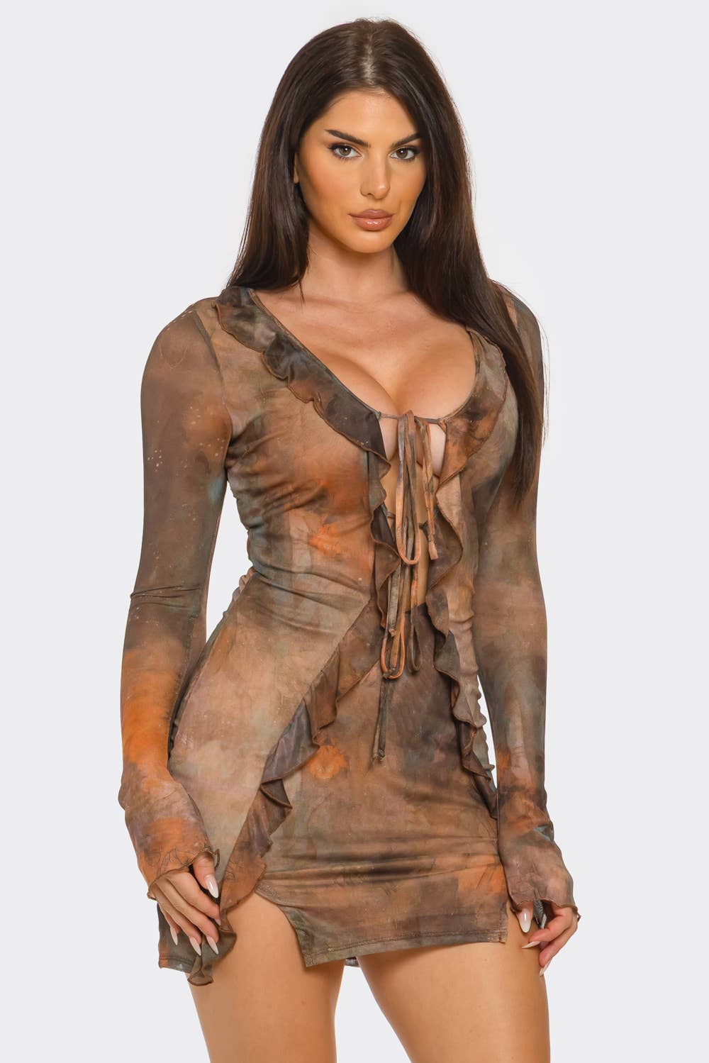 Tie Dye Open Front Spaghetti Tie Ruffle Trim Dress