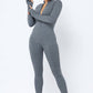 Front Zipper Mock Neck Open Thumb Long Sleeve Jumpsuit