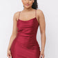 Satin Solid Cowl Neck Spaghetti Strap Bodycon Mini Dress