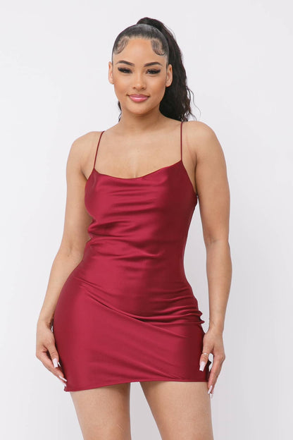 Satin Solid Cowl Neck Spaghetti Strap Bodycon Mini Dress