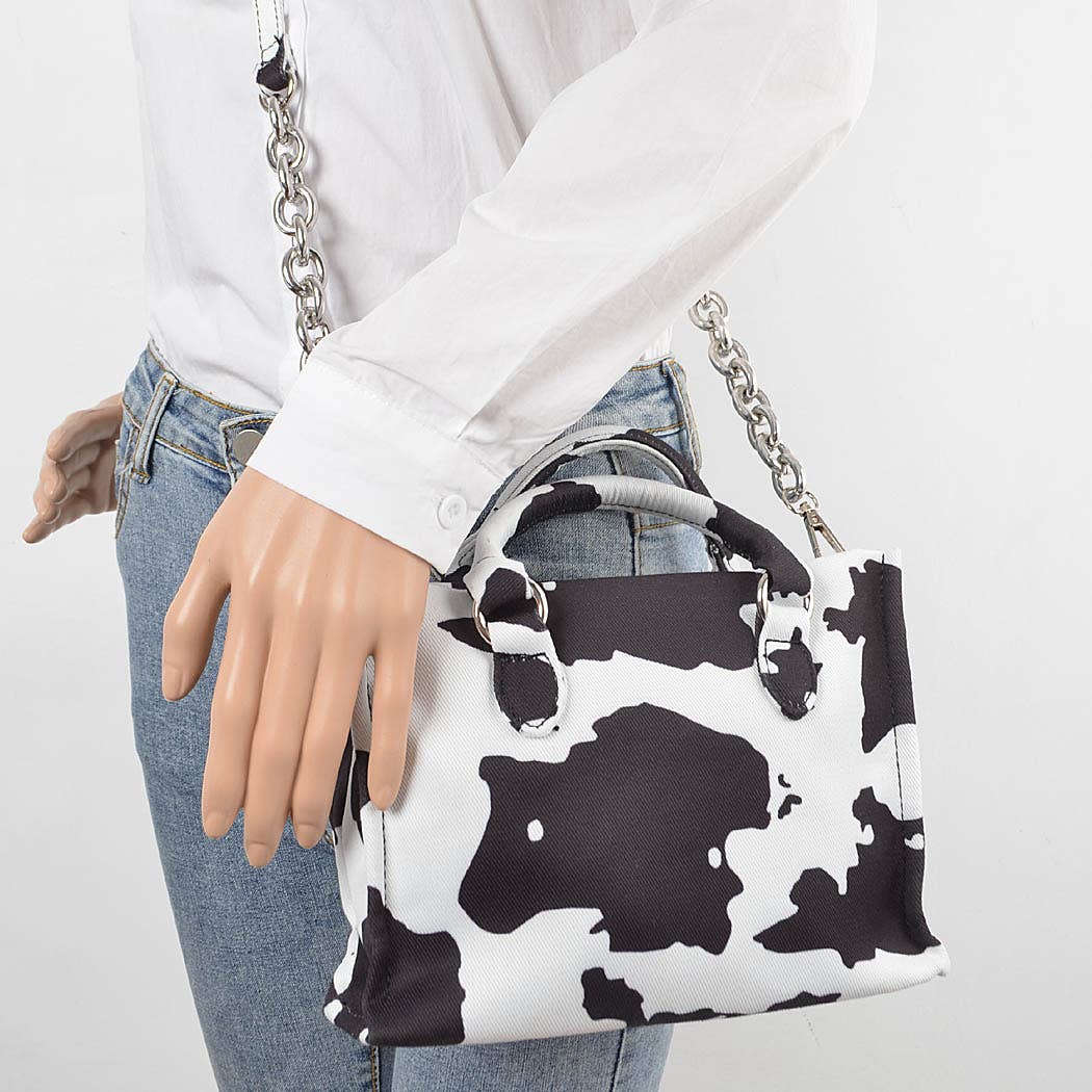 HPC5125 COW PRINTED WHITE DENIM MED TOTE BAG