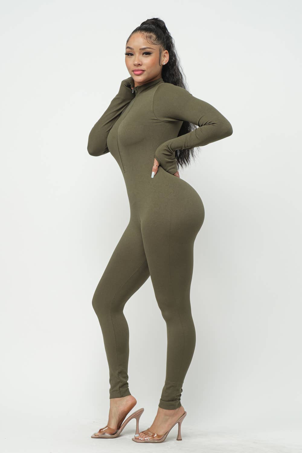 Front Zipper Mock Neck Open Thumb Long Sleeve Jumpsuit