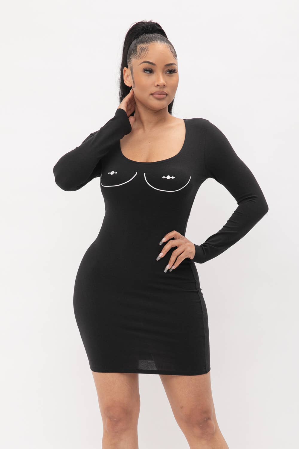 Screen Print Long Sleeve Bodycon Dress