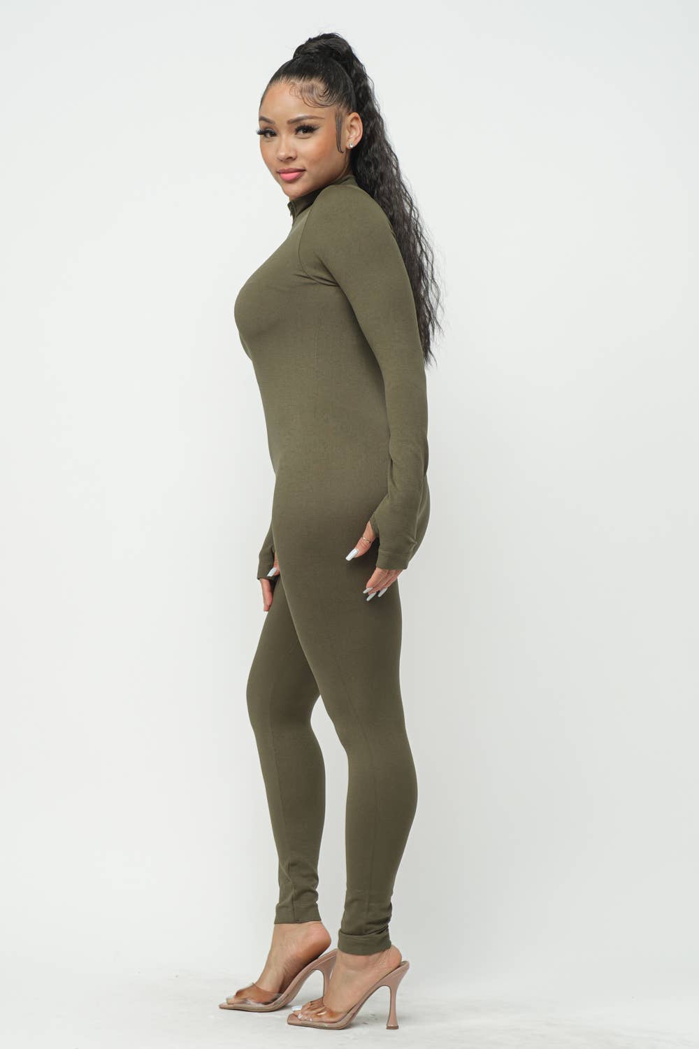 Front Zipper Mock Neck Open Thumb Long Sleeve Jumpsuit