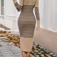 Devine Striped V-Neck Long Sleeve Sweater Dress