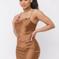 Satin Solid Cowl Neck Spaghetti Strap Bodycon Mini Dress