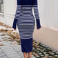 Devine Striped V-Neck Long Sleeve Sweater Dress